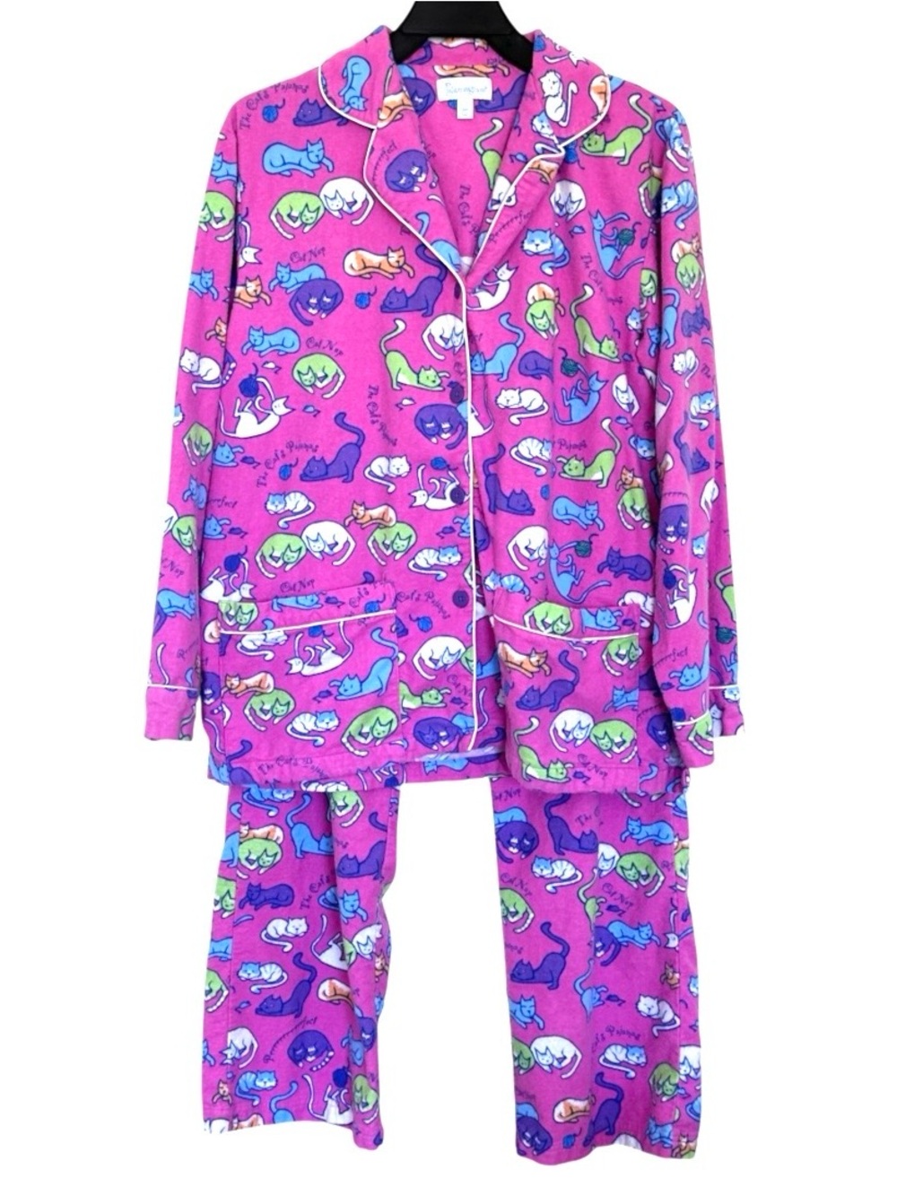 2PC Pajamagram Pajama Set Women’s Small Pink Cat Print Long Sleeve Shirt Pants